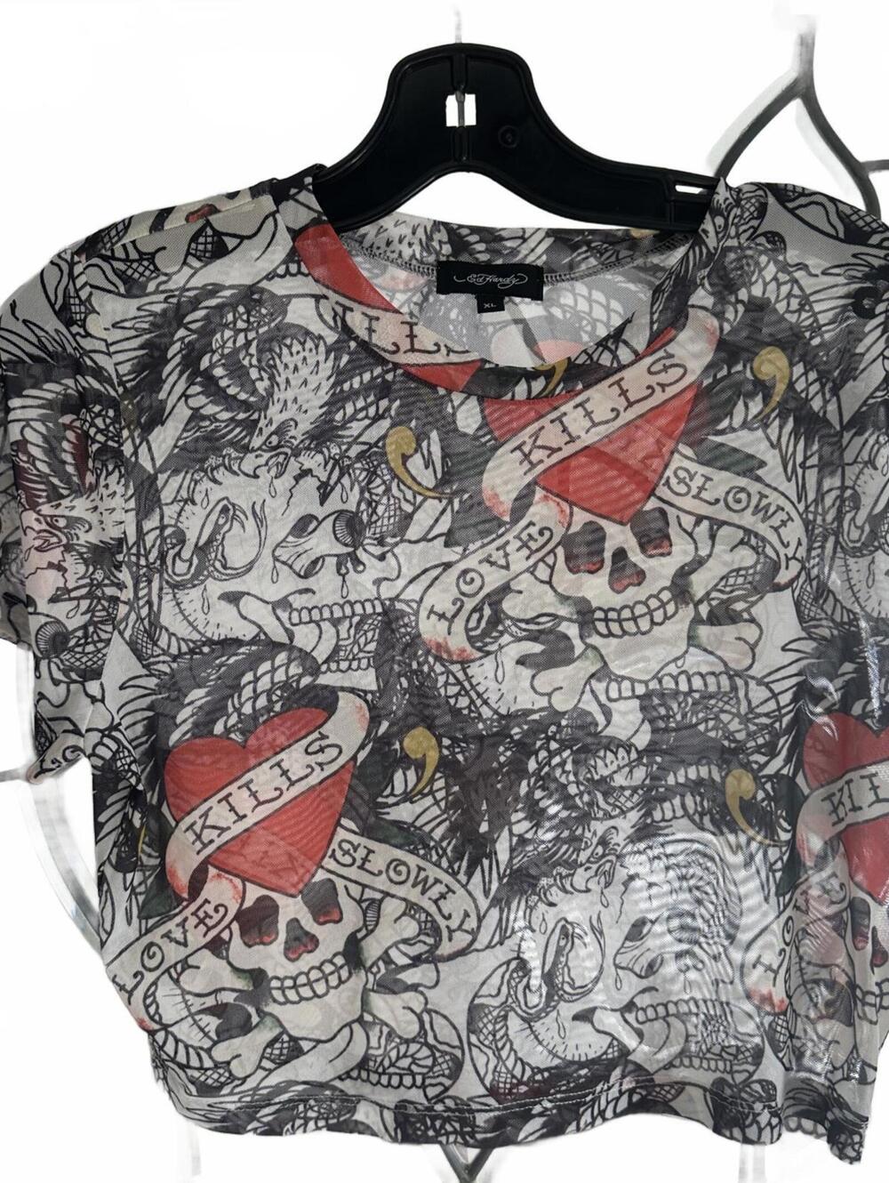 Ed Hardy Skull & Hearts Sheer Crop Top - XL